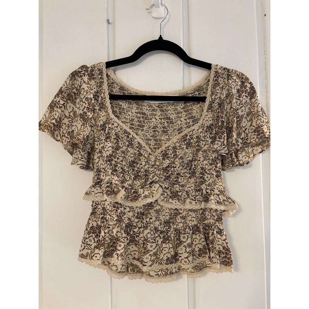 ASTR Floral Smocked Ruffle Crop Top XS Boho